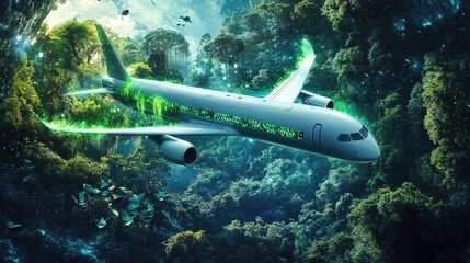 Fototapeta premium Sustainable aviation future with a modern jet gliding over a vibrant forest landscape, glowing with green energy.