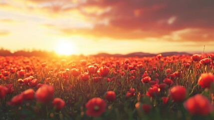 Sunset over a Poppy Field, Serene Landscape