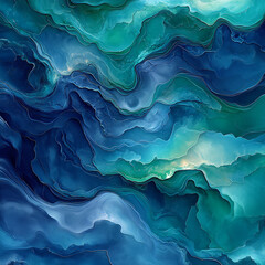 An abstract background featuring fluid and organic patterns in hues of emerald green and deep blue