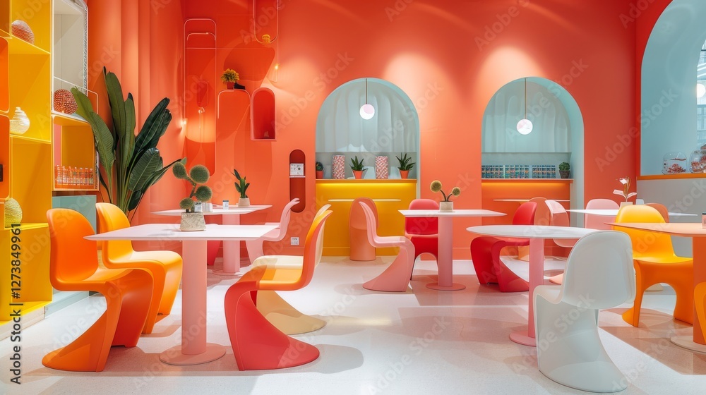 Aufkleber a lively cafe showcases a mix of modern furniture and bright colors, creating an inviting atmosphere