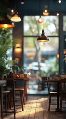 Cozy interior of a cafe with warm lighting and greenery on a sunny afternoon