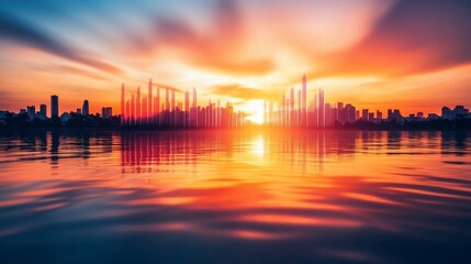 Vibrant sunset over calm water reflecting a modern city skyline.