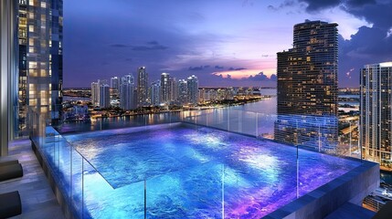 Naklejka premium Rooftop Infinity Pool Overlooking City Skyline at Dusk