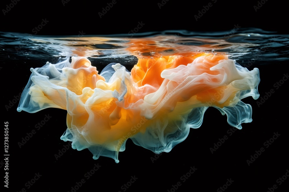 Poster orange and white ink mixing in water creating abstract forms