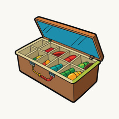 fishing tackle box displaying colorful organized lures on wooden surface on white
