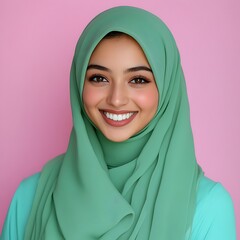 A Young Muslim Woman in a Green Hijab Smiling with Peace for Ramadan.