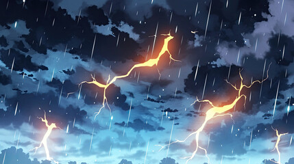 Dark stormy sky with lightning strikes and dense clouds depicting a hurricane background with strong winds and heavy rain in an animated style