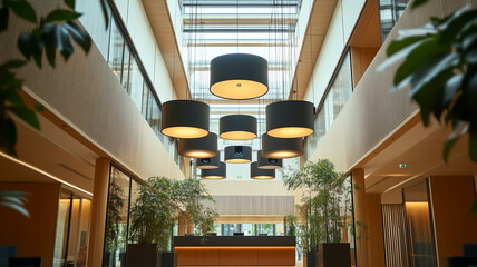 Modern lobby with stylish lighting and greenery, featuring large pendant lamps and spacious design that creates welcoming atmosphere