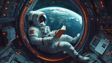 Astronaut reading a book in spacecraft with earth view