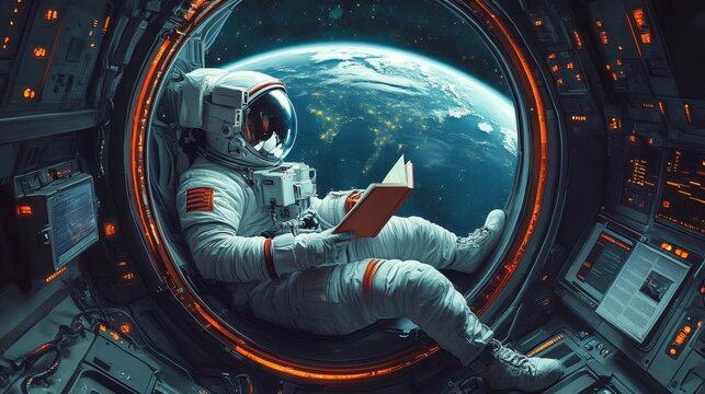 Astronaut reading a book in spacecraft with earth view