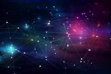 Obraz premium Abstract digital network with glowing connections and geometric lines in cosmic space, symbolizing technology, data, and communication