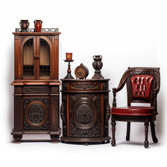 Fototapeta premium Antique Carved Wooden Furniture Set Cabinet Side Table Red Leather Chair