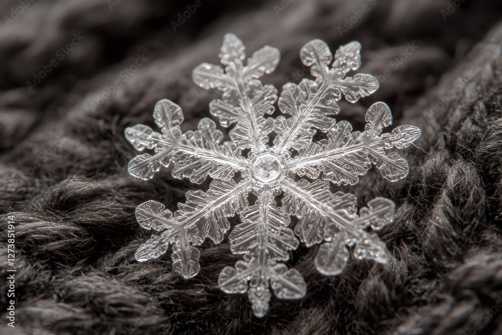 Poster Intricate snowflake crystal lying on soft dark woolen surface