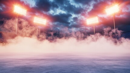 Fototapeta premium In a sports environment, a deserted stadium is depicted with lively pink smoke and impressive lighting effects