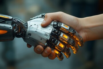 Human and robot shaking hands, collaboration in technological advancement