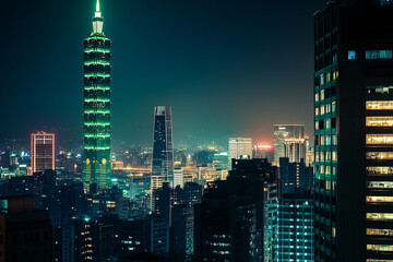 vibrant night view of city skyline showcases illuminated skyscrapers and prominent tower, creating stunning urban landscape
