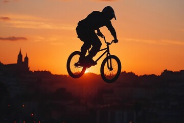 Fototapeta premium Bmx rider performing a jump at sunset over the city skyline