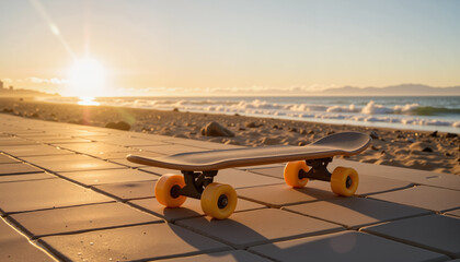 Skateboard resting on beachside pavement at sunset
