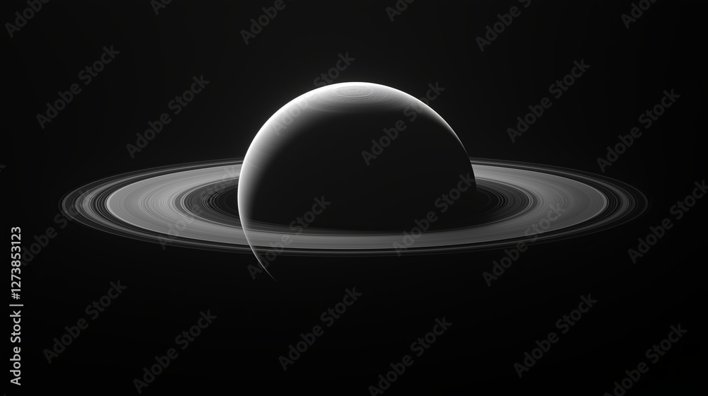 Poster a planet with a single thin ring circling it.