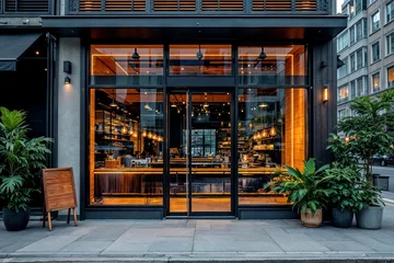 Fotobehang Modern pizzeria facade showcasing urban design with inviting interior and cozy ambiance in contemporary city setting © Pics_With_Love