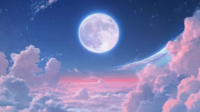 A dreamy, surreal video concept with a low-angle view of a full moon and pink clouds, creating a whimsical, ethereal atmosphere.