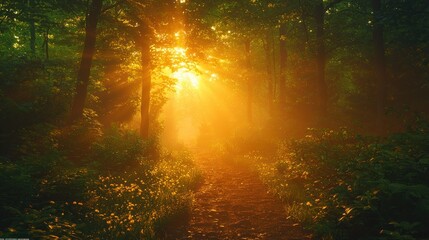 Obraz premium Sunlit Forest Path Golden Hour Morning Mist