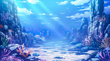 Underwater background featuring vibrant corals rocks and diverse marine life in a coral reef ecosystem for aquatic themes and ocean conservation