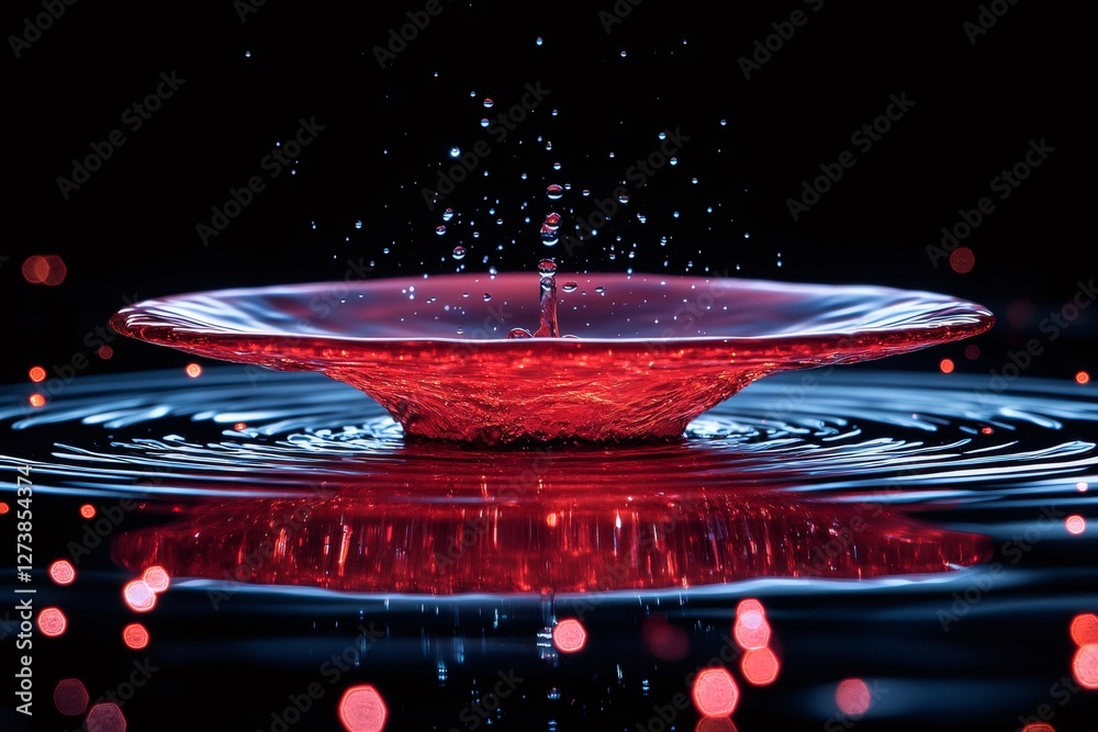 Poster Red water drop splashing, creating a crown and ripples with bokeh effect