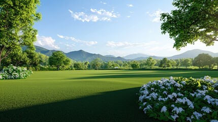 Naklejka premium A serene landscape featuring lush green grass, vibrant flowers, and distant mountains under a clear blue sky.