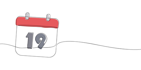 Simple one-line drawing of a desk calendar displaying nineteenth day of the month. The minimalistic design represents new beginnings, celebrations, and planning. Vector illustration.
