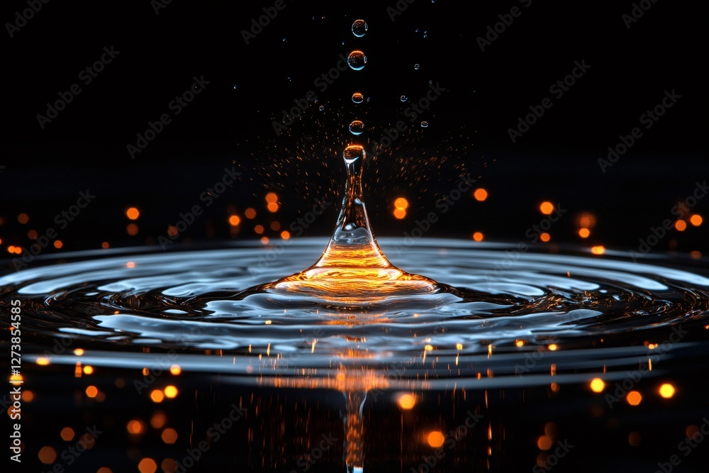 Poster Water droplet splashing creating concentric ripples with orange bokeh lights