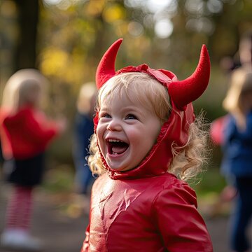 A cute blonde toddler girl wearing a red devil costume and headband, laughing at a Halloween party