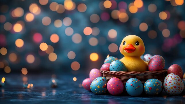 Colorful easter basket with rubber duck surrounded by painted eggs and festive lights. Easter, Pascha, Paskha, Ostern, Pascua, Paques - Orthodox and Catholic Holiday celebration