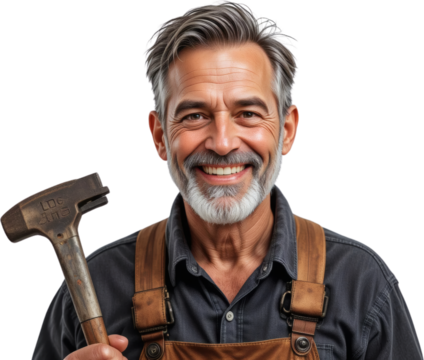 Happy Mature Male Craftsman Holding Hammer Smiling Portrait Construction Worker