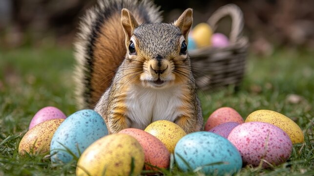Curious squirrel with colorful easter eggs in springtime garden. Easter, Pascha, Paskha, Ostern, Pascua, Paques - Orthodox and Catholic Holiday celebration
