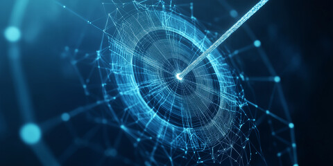 Obraz premium 3D render of a bullseye business goals, in a low-poly style on a dark blue background. Vector illustration, with a wireframe effect and using white and light cyan colors. Digital art. Business Growth 