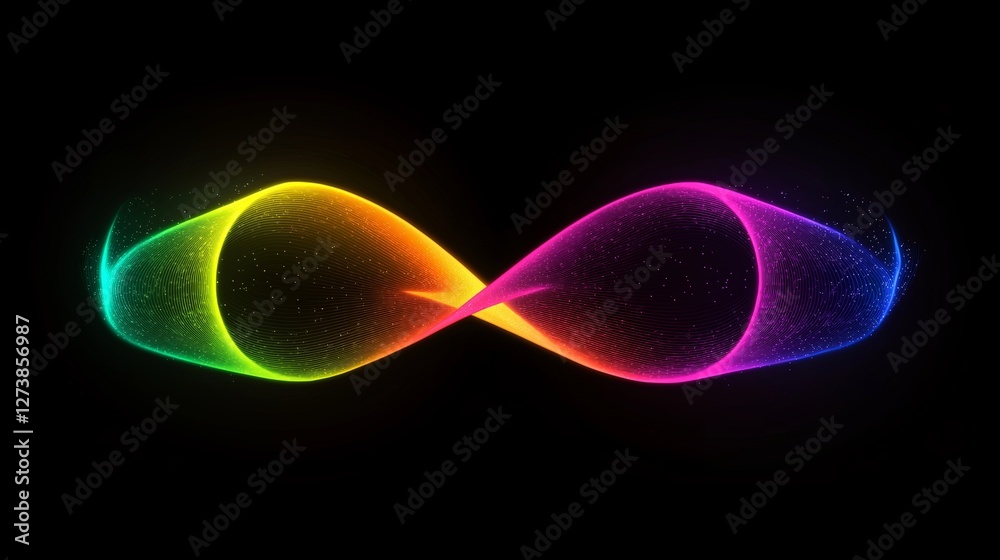 Poster a neon rainbow ribbon twisting through an endless void