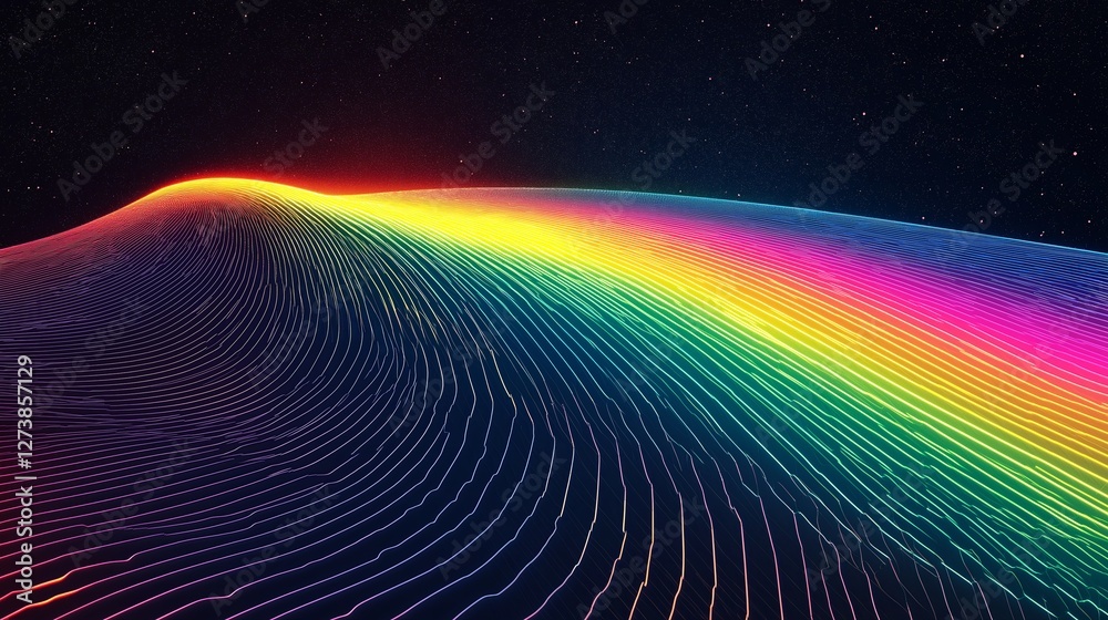 Poster a neon rainbow ribbon twisting through an endless void