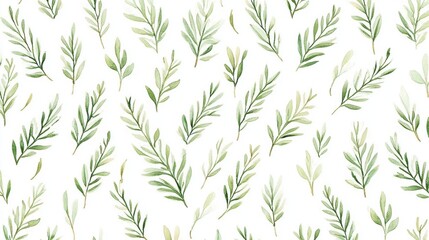 Watercolor Green Leaves Pattern on White Background Seamless Botanical Foliage Design Wallpaper