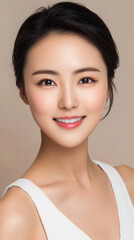 A portrait of a smiling woman with natural beauty and elegance.