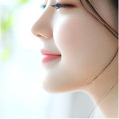 A serene close-up portrait of a woman's smiling face.