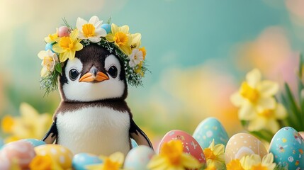 Adorable penguin chick with floral crown and colorful easter eggs in spring garden. Easter, Pascha, Paskha, Ostern, Pascua, Paques - Orthodox and Catholic Holiday celebration