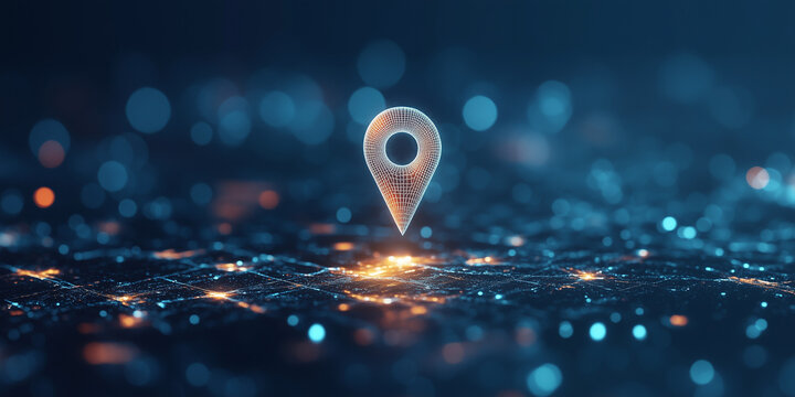 3D render of a location icon, in a low-poly style on a dark blue background. Vector illustration, with a wireframe effect and using white and light cyan colors. Digital art. - Powered by Adobe