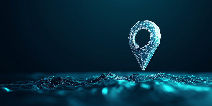 3D render of a location icon, in a low-poly style on a dark blue background. Vector illustration, with a wireframe effect and using white and light cyan colors. Digital art. - Powered by Adobe