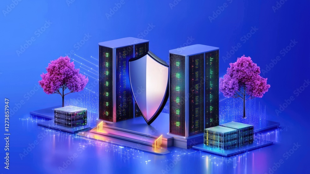 Poster a cybersecurity concept with a protective shield and digital servers, representing secure data stora