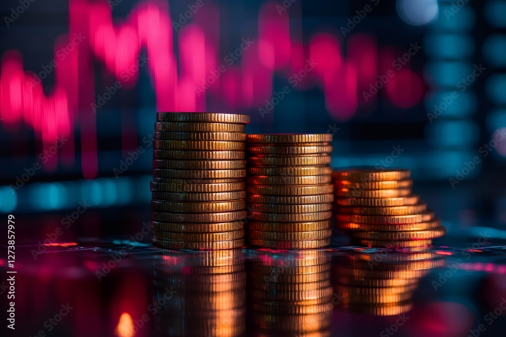 Poster Gold coins stacking up representing increasing profit with stock market graph showing decrease in background