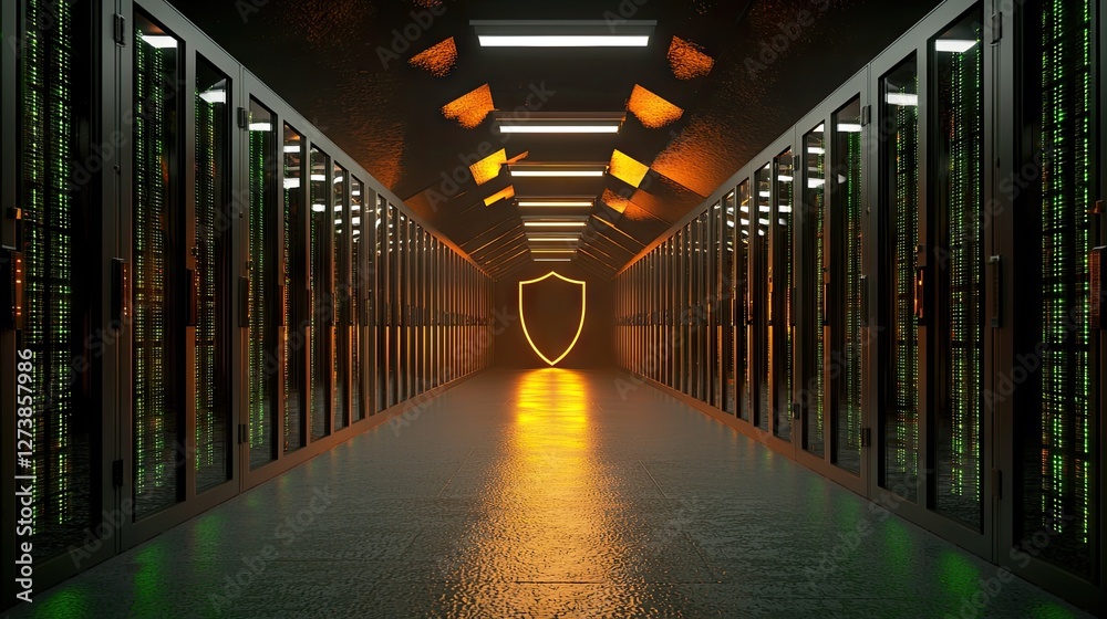 Poster a dark background with an illuminated security shield and protected digital data infrastructure.