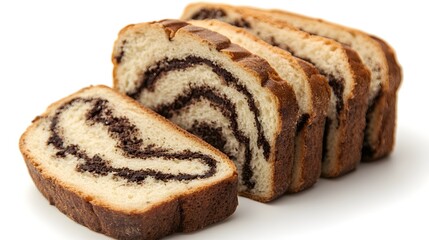 Fototapeta premium Delicious Sliced Poppy Seed Roll with Swirled Filling on White Background Close Up View