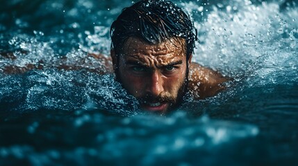 Man Powering Through the Waves: An up-close and personal view captures a man swimming in the ocean. The power and strength emanate from the determined look.