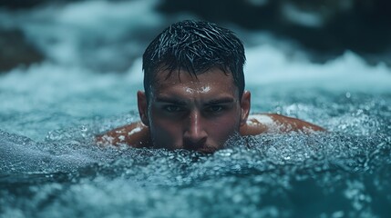 Serene Immersion: A man in cool waters embodies strength and calm, his gaze mirroring the surrounding serenity and capturing the raw beauty of water and nature. 